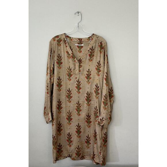 Pomandere Size 40 Metallic Print Silk Blend Shirtdress Shirt Dress Italy V Neck - Picture 1 of 13